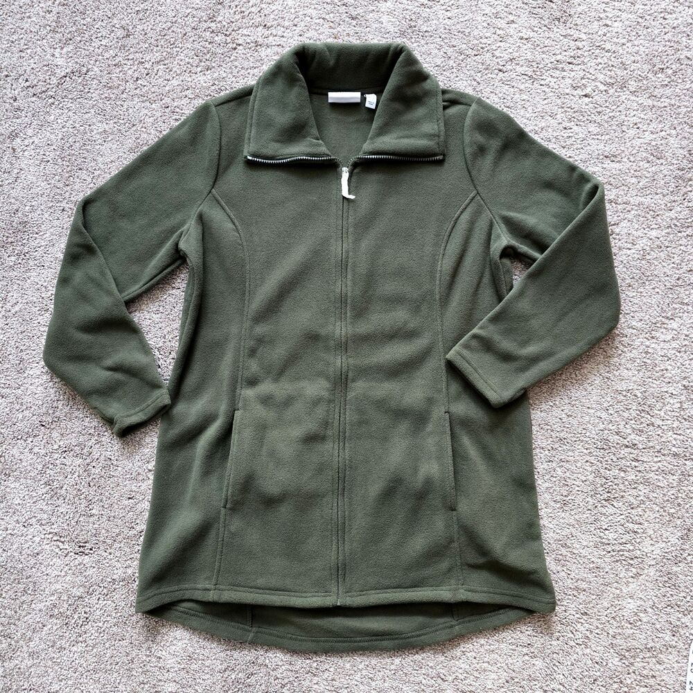 Denim & Co Fleece Jacket Sz M Green Hi Lo Hem Zip Front A295714 Women